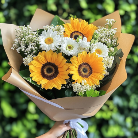 Ramo de girasoles y flores blancas