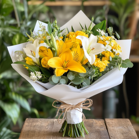 Ramo de lilium blancos y flores amarillas