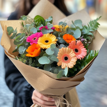 Ramo de gerberas y follaje verde